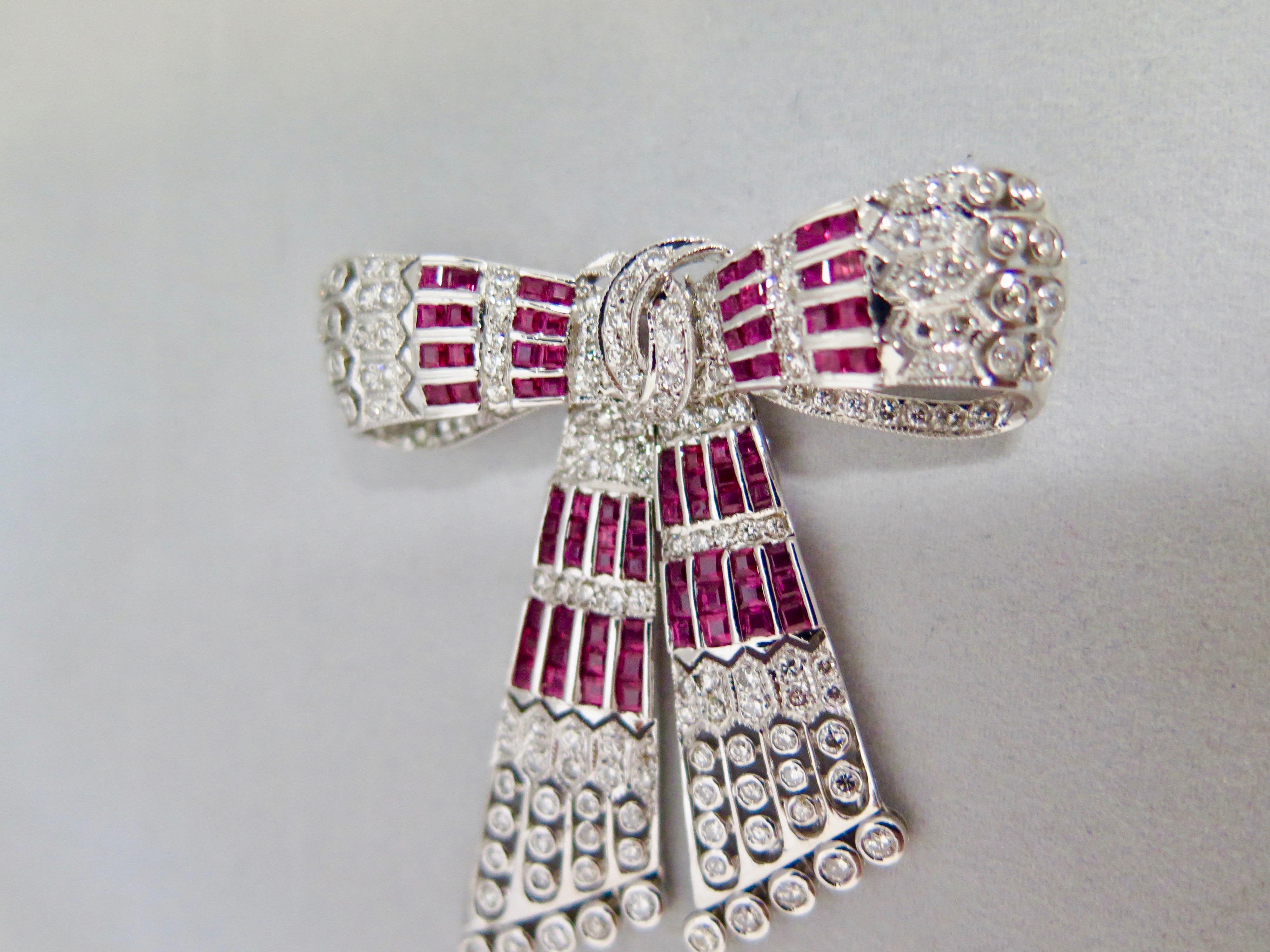 American Vintage Early 20th Century Diamond and Ruby Bow Brooch