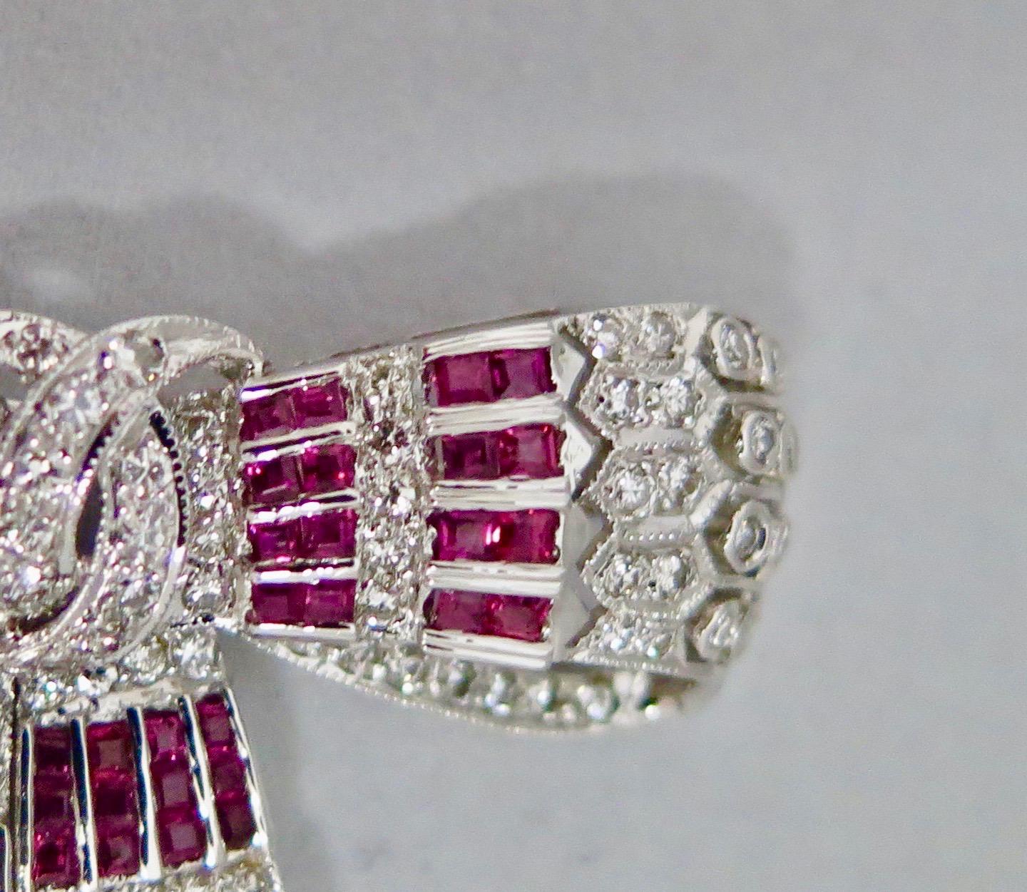 Vintage Early 20th Century Diamond and Ruby Bow Brooch In Good Condition In Bronx, NY