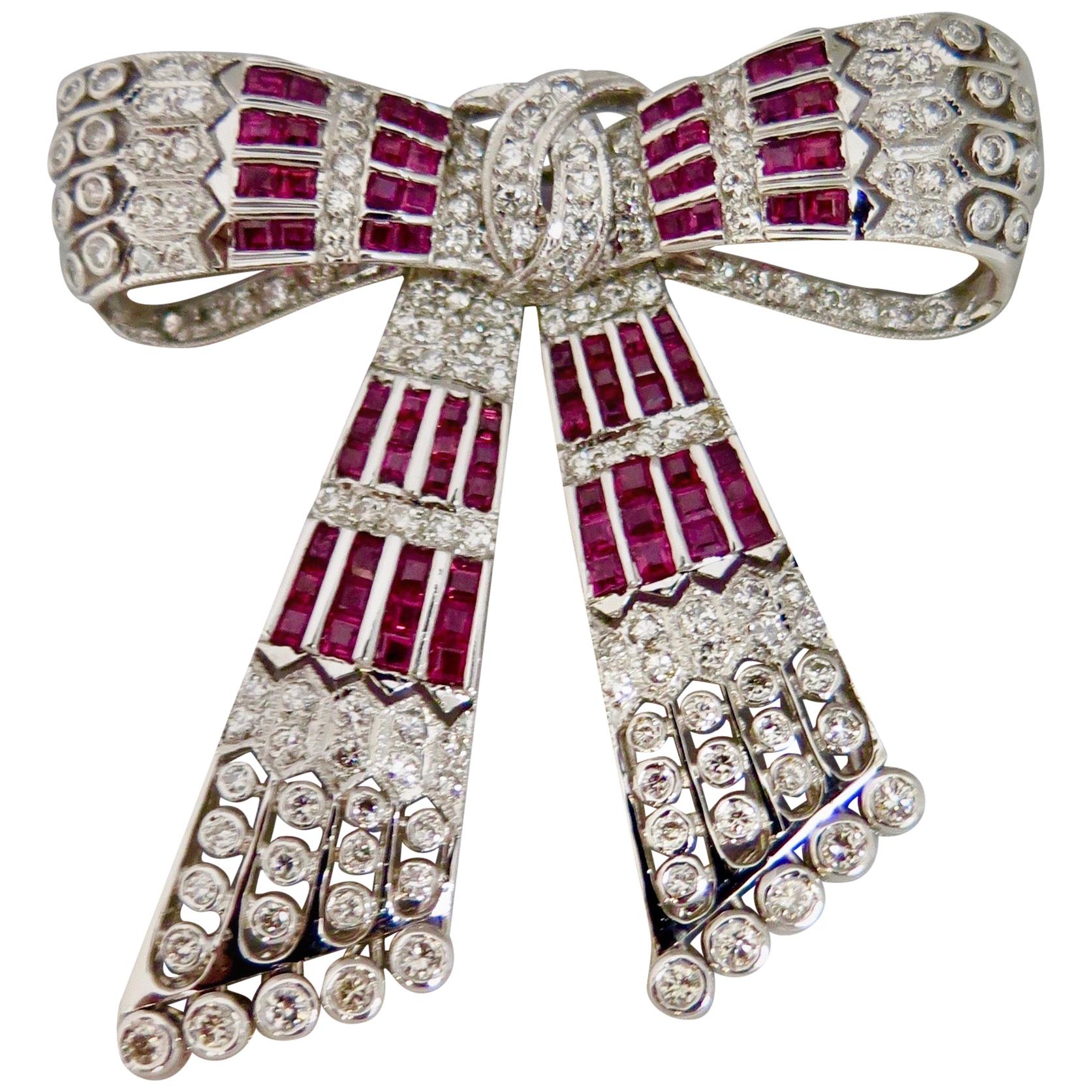 Vintage Early 20th Century Diamond and Ruby Bow Brooch