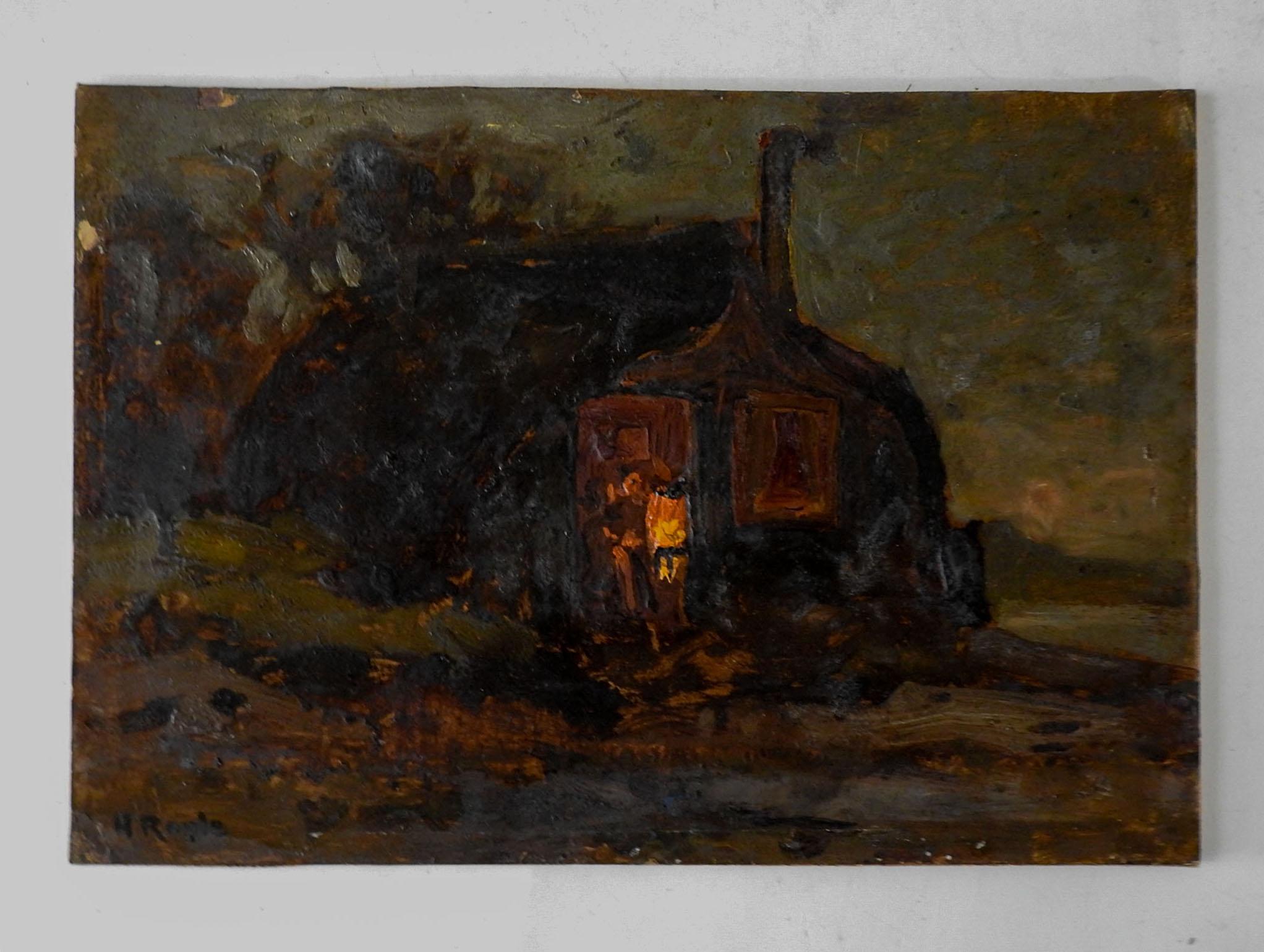 Rustic Vintage Early 20th Century Harbert Royle Evening Cottage Painting For Sale