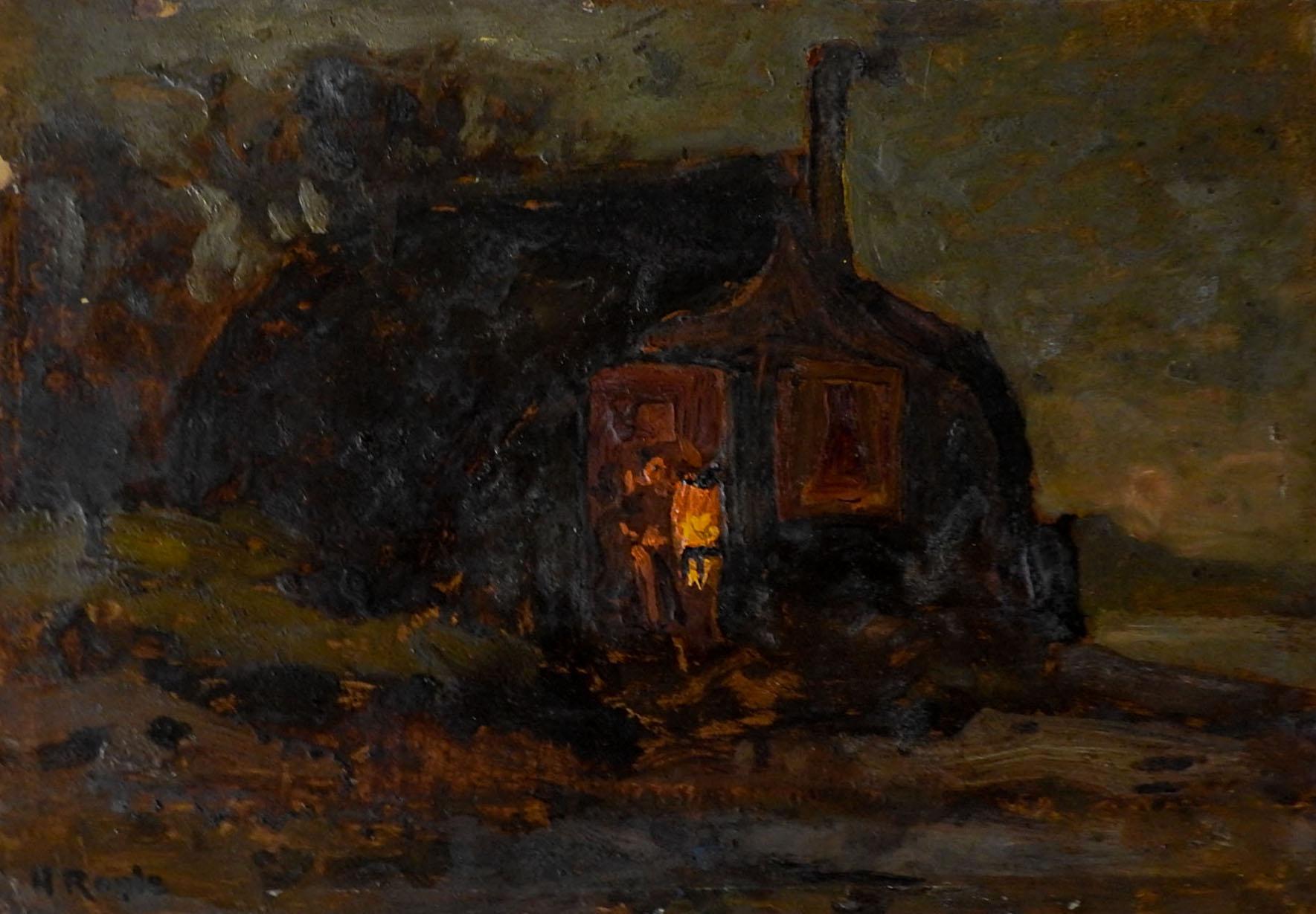 English Vintage Early 20th Century Harbert Royle Evening Cottage Painting For Sale