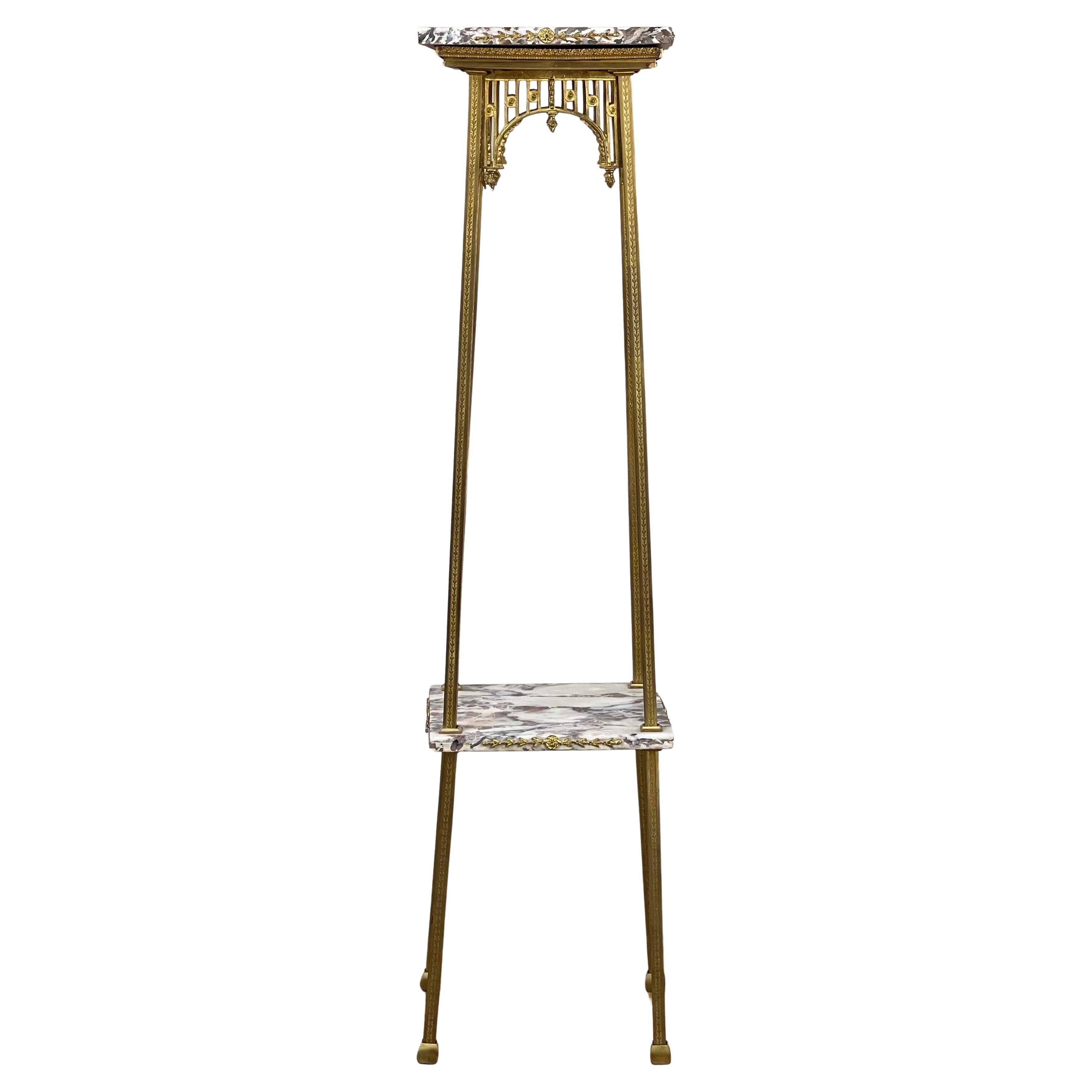 Vintage Early 20th Century Louis XV Two Tier Brass and Marble Plant Stand For Sale