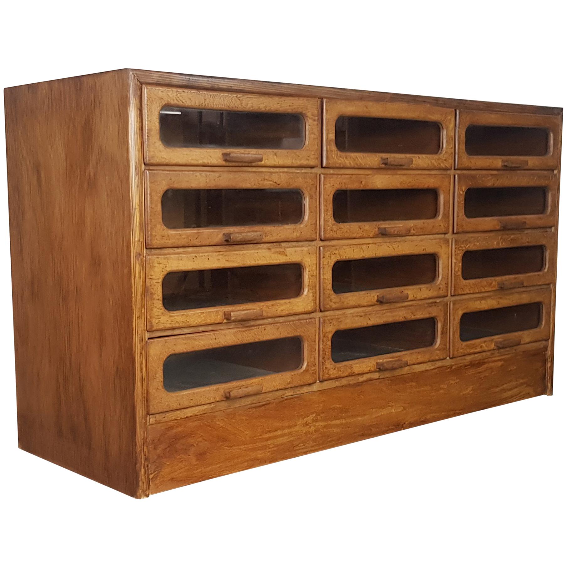 Vintage Early 20th Century Oak 12-Drawer Haberdashery Cabinet For Sale