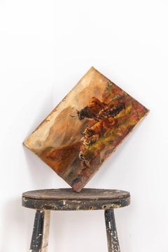 Vintage Early 20th Century Oil Painting on Canvas Landscape and Cattle. c.1910