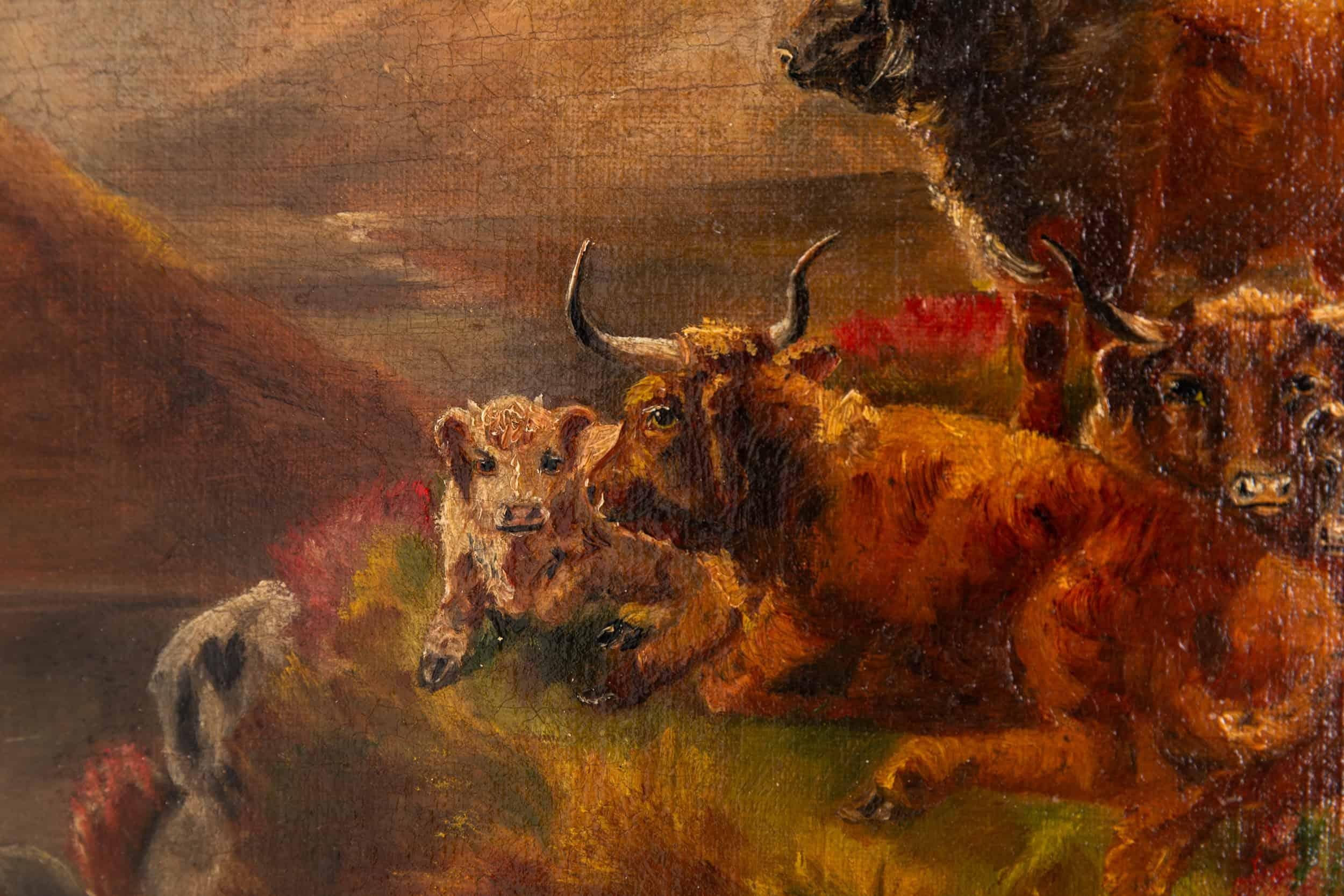 Vintage Pintura al óleo sobre lienzo de principios del siglo XX Paisaje y ganado. c.1910 Lienzo en venta