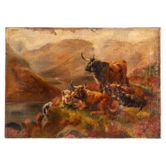 Pittura a olio su tela d'epoca dei primi del '900 Paesaggio e bestiame. c.1910