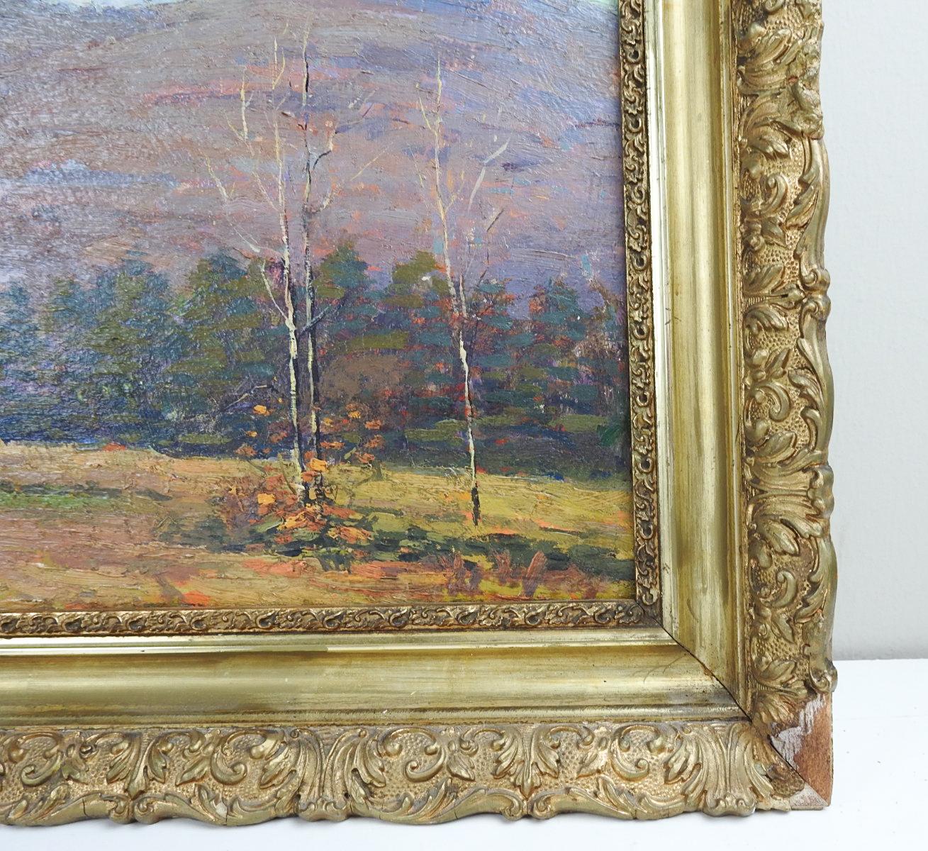 Rustic Vintage Early 20th Century Plein Air Impressionist Farmhouse Landscape Painting For Sale