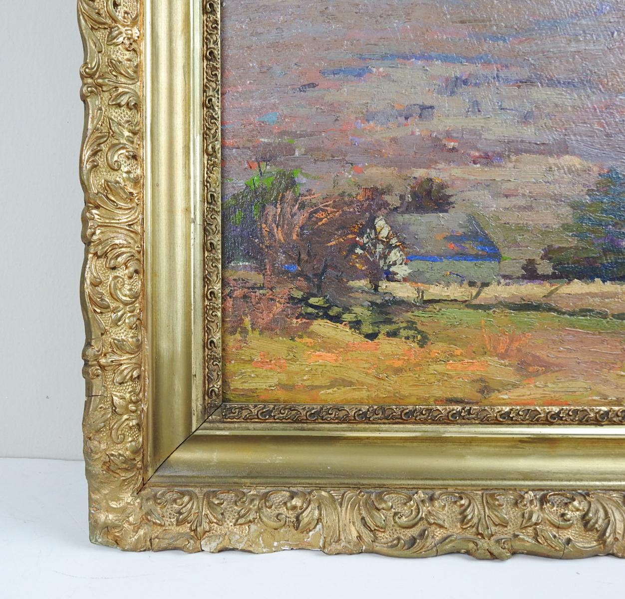 Vintage Early 20th Century Plein Air Impressionist Farmhouse Landscape Painting For Sale 2