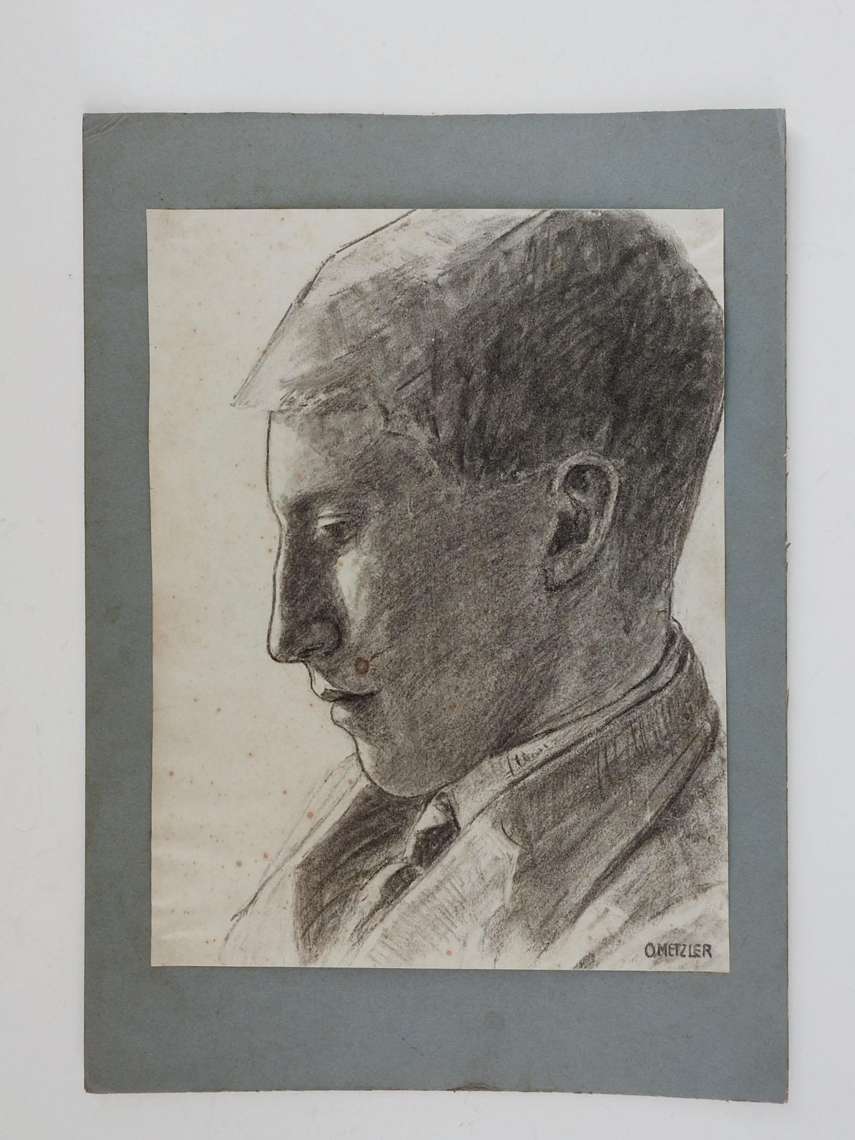 Romantic Vintage Early 20th Century Portrait Drawing of Young Man For Sale