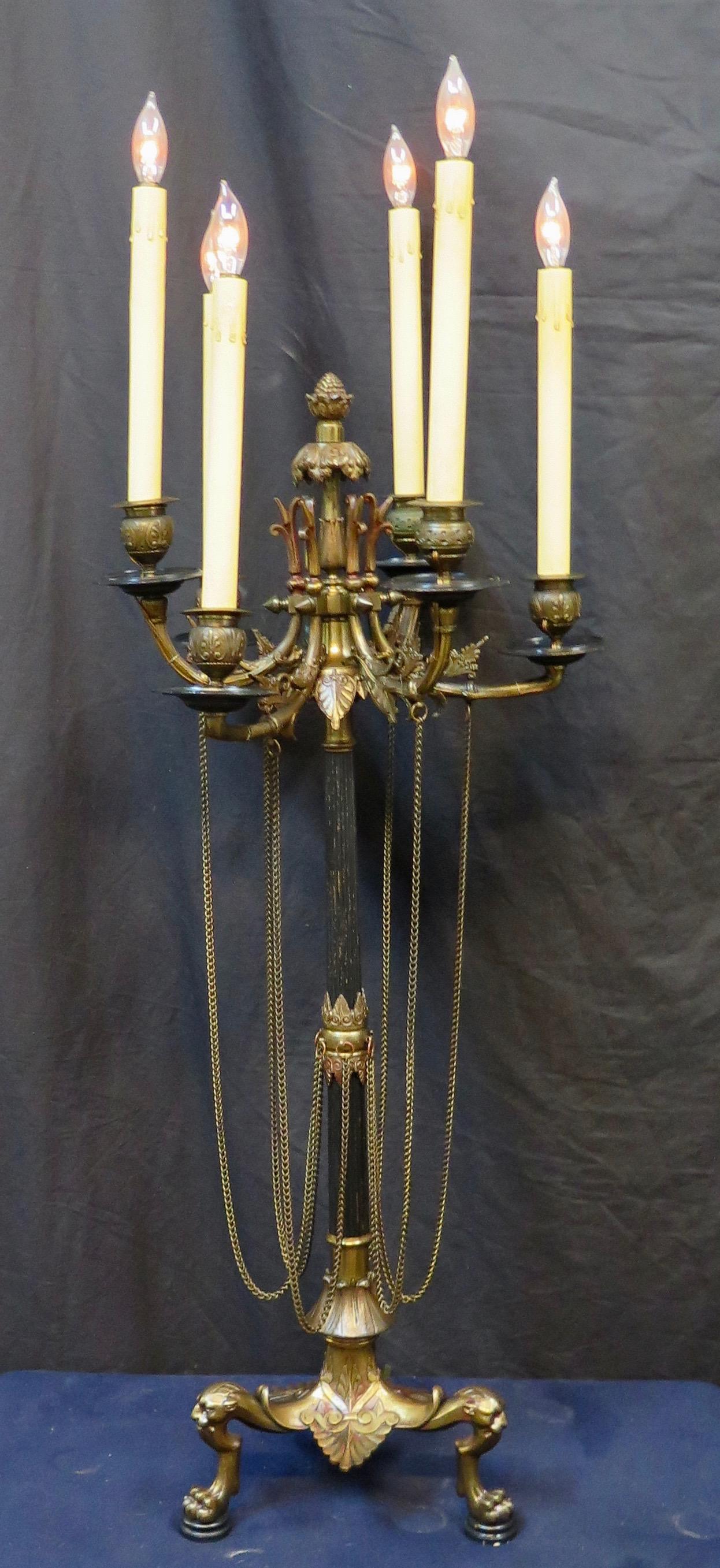 Bronze Vintage Early 20th Century Tall Edwardian Candelabra Lamps For Sale