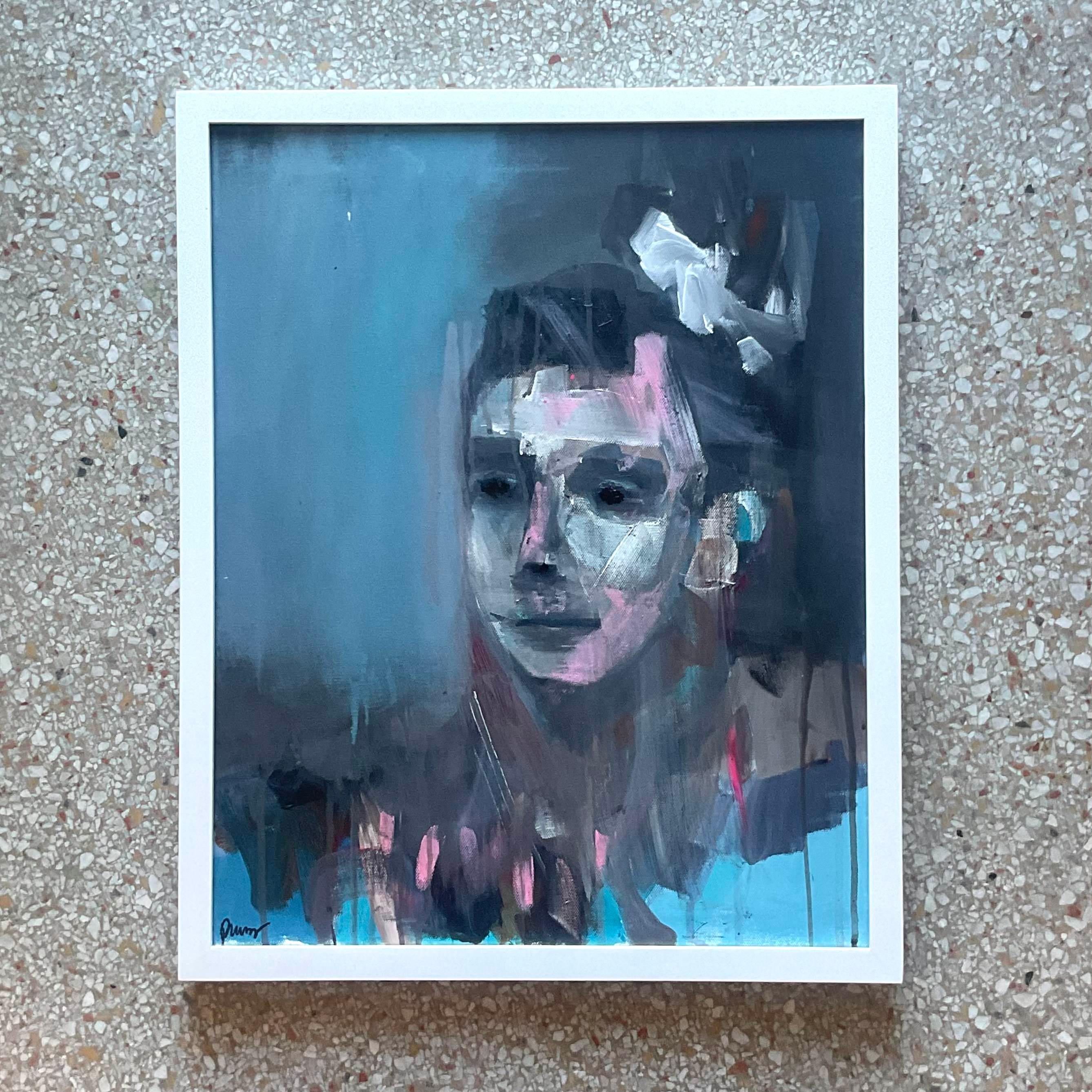 Mid-Century Modern Vintage Early 21st Century Abstract Portrait In Blues For Sale