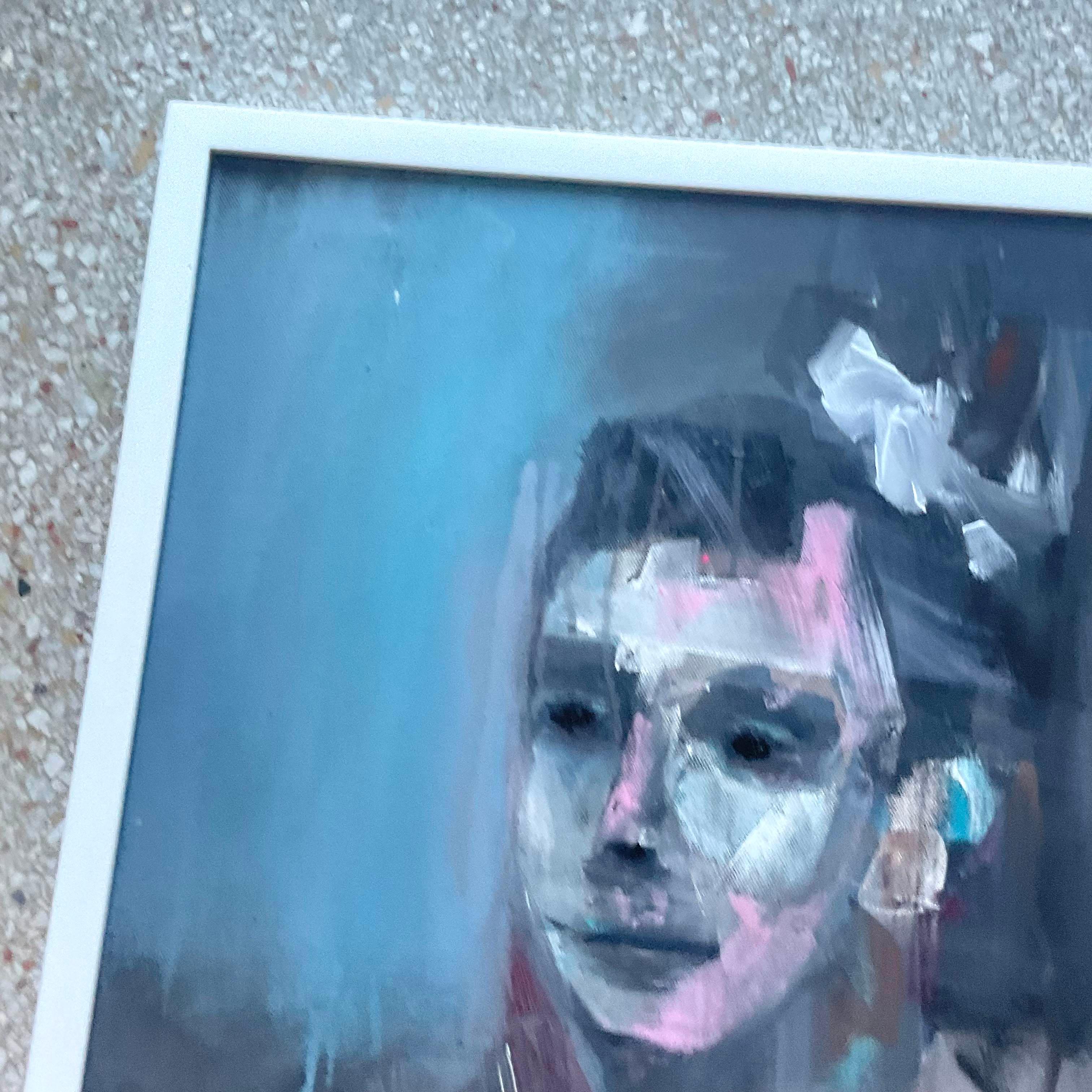 Vintage Early 21st Century Abstract Portrait In Blues In Good Condition For Sale In west palm beach, FL