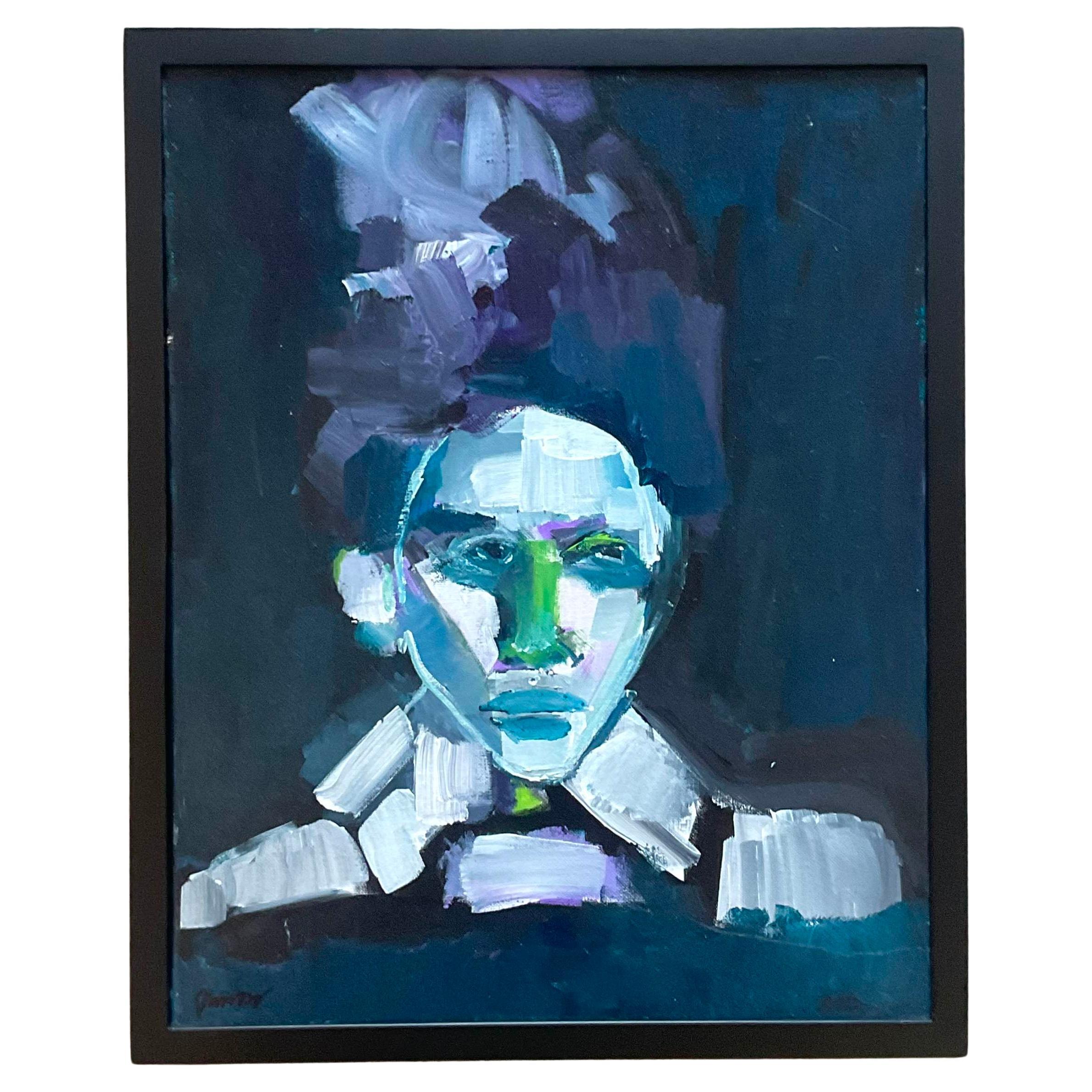 Dive into the soulful resonance of 'Vintage Early 21st Century Abstract Portrait in Blues – Framed and Signed.' This Americana masterpiece, both enigmatic and profound, unveils a symphony of cobalt hues that dance across the canvas. Framed with