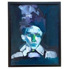Retrato abstracto vintage de principios del siglo XXI en tonos azules, enmarcado y firmado