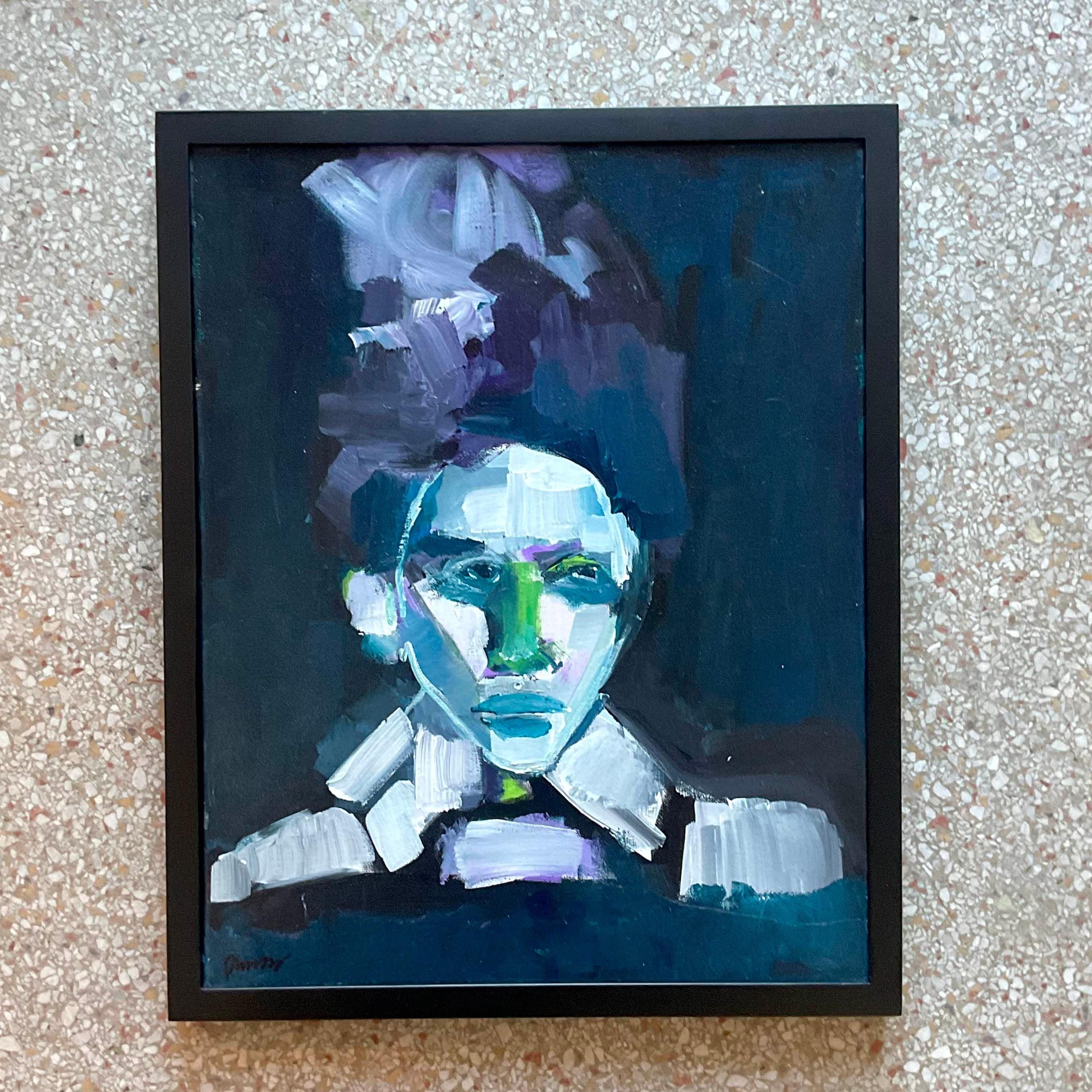 Mid-Century Modern Vintage Early 21st Century Abstract Portrait In Blues-Framed And Signed For Sale