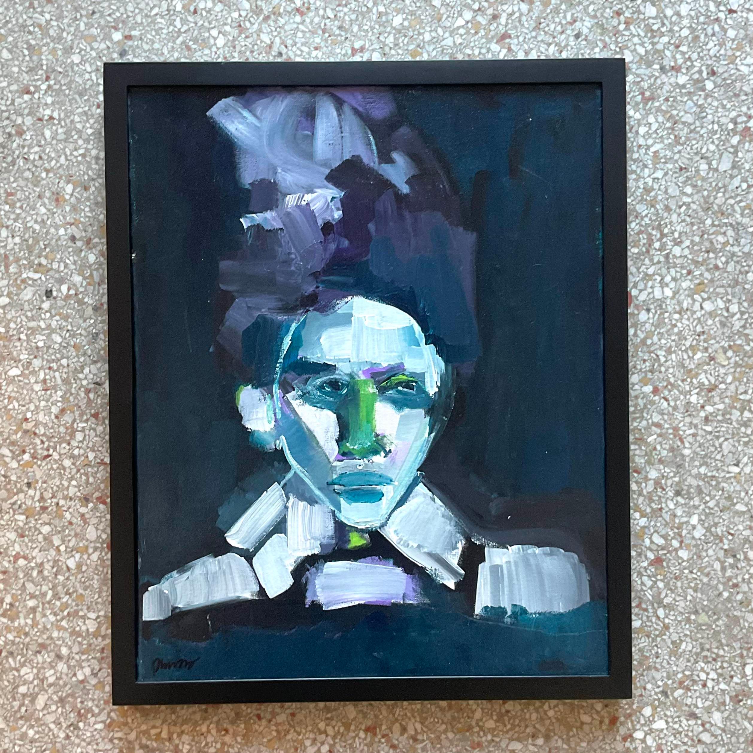 Unknown Vintage Early 21st Century Abstract Portrait In Blues-Framed And Signed For Sale