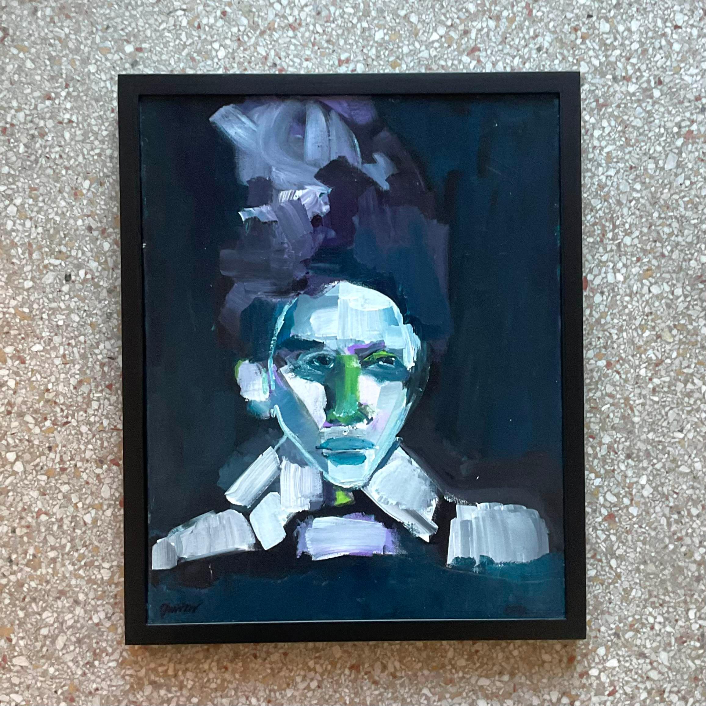 Vintage Early 21st Century Abstract Portrait In Blues-Framed And Signed In Good Condition For Sale In west palm beach, FL