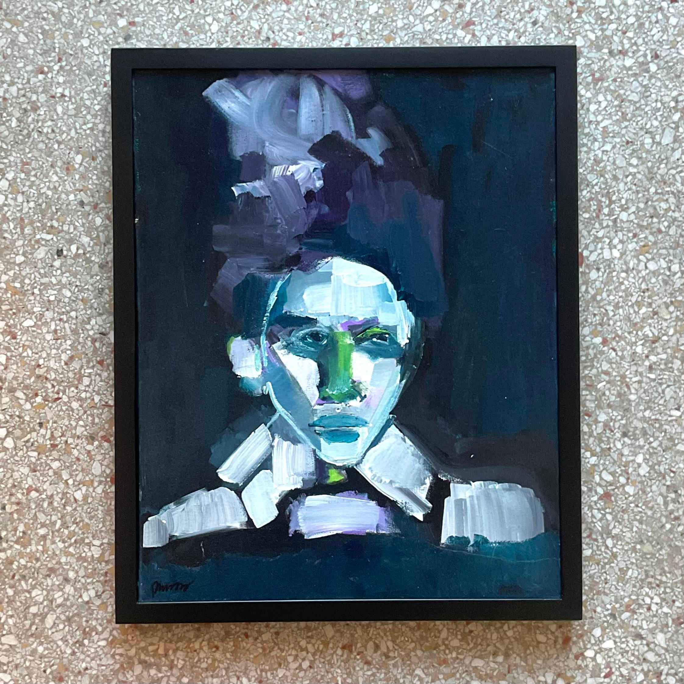 Contemporary Vintage Early 21st Century Abstract Portrait In Blues-Framed And Signed For Sale