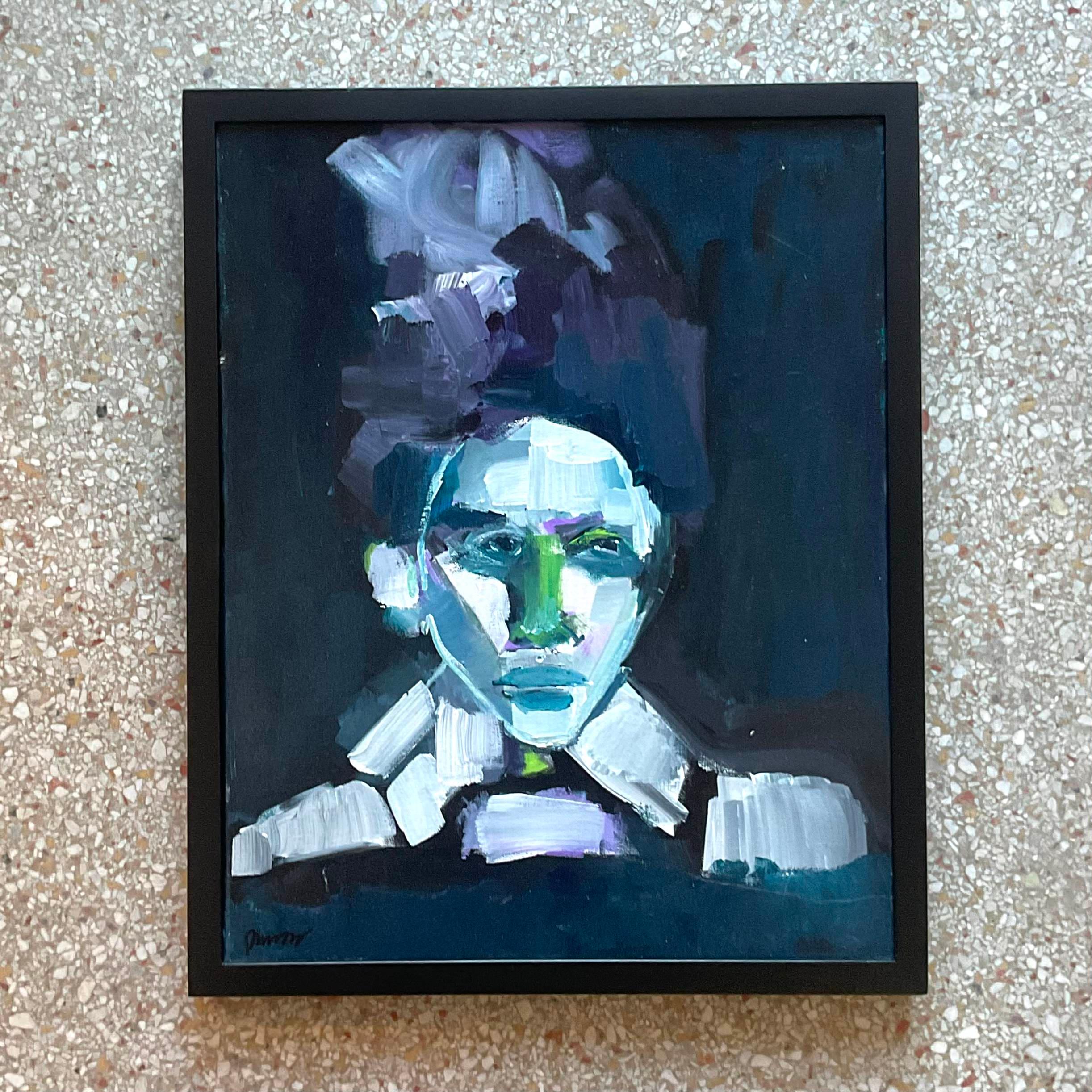 Canvas Vintage Early 21st Century Abstract Portrait In Blues-Framed And Signed For Sale