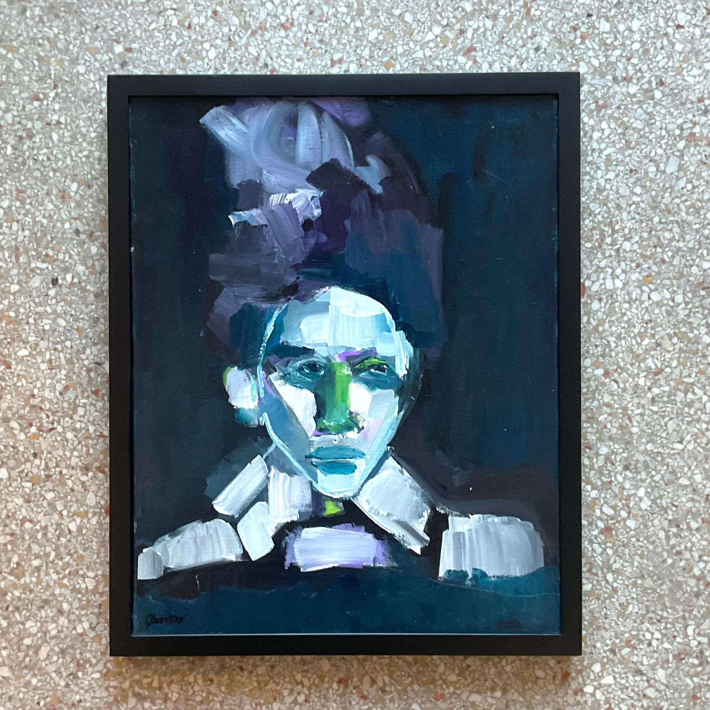 Vintage Early 21st Century Abstract Portrait In Blues-Framed And Signed For Sale 1