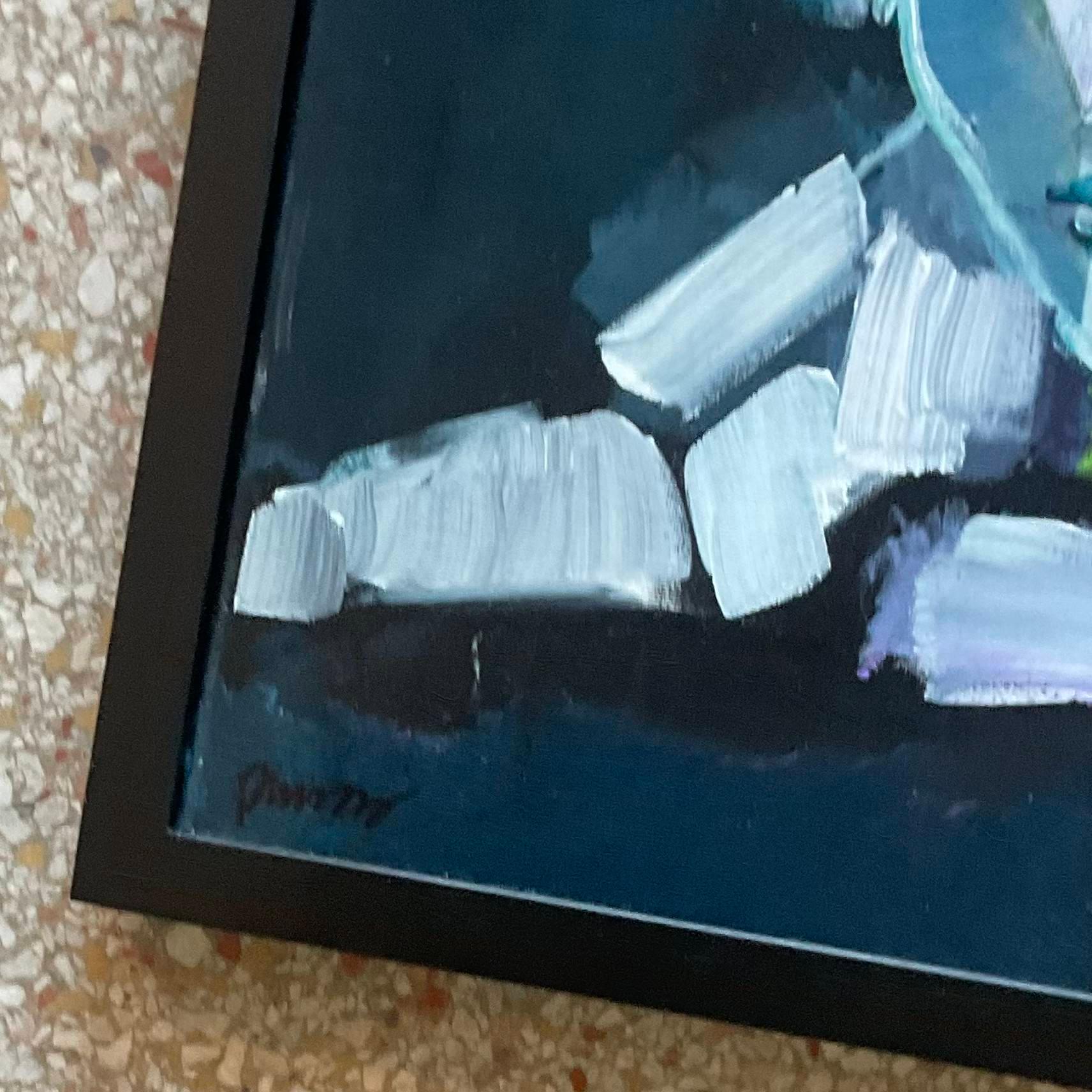 Vintage Early 21st Century Abstract Portrait In Blues-Framed And Signed For Sale 2