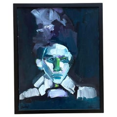 Vintage Early 21st Century Abstract Portrait In Blues-Framed And Signed