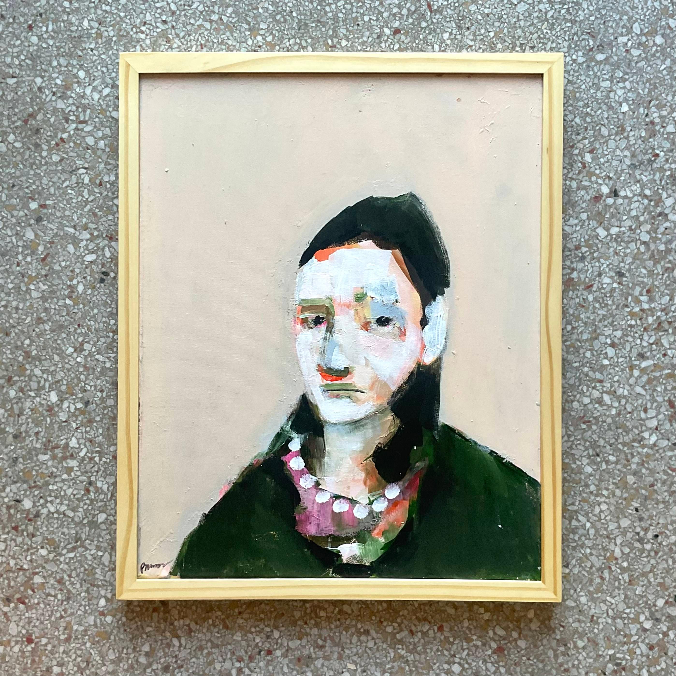 Mid-Century Modern Vintage Early 21st Century Abstract Portrait Of A Girl In Pearls-Framed And Sign