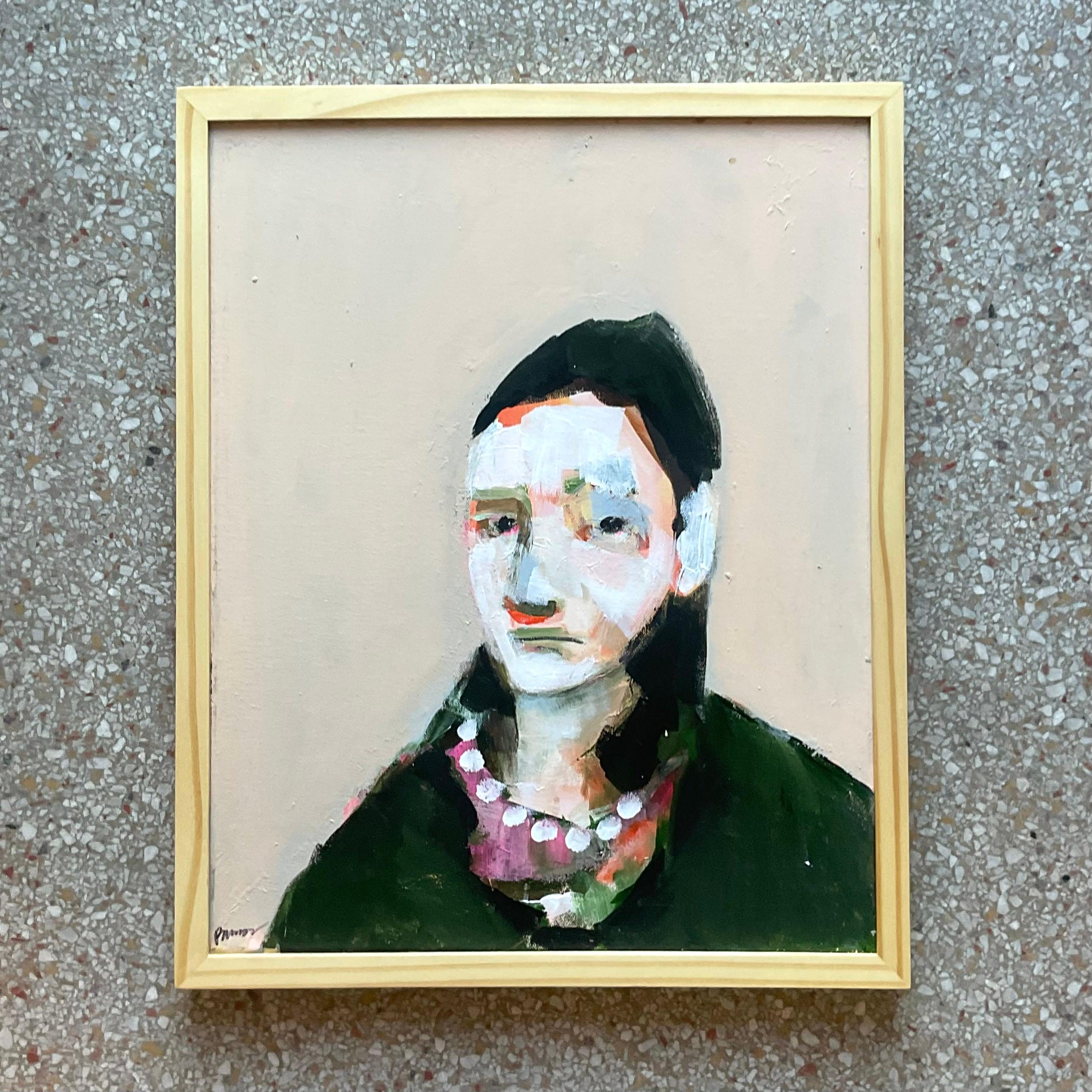 Unknown Vintage Early 21st Century Abstract Portrait Of A Girl In Pearls-Framed And Sign
