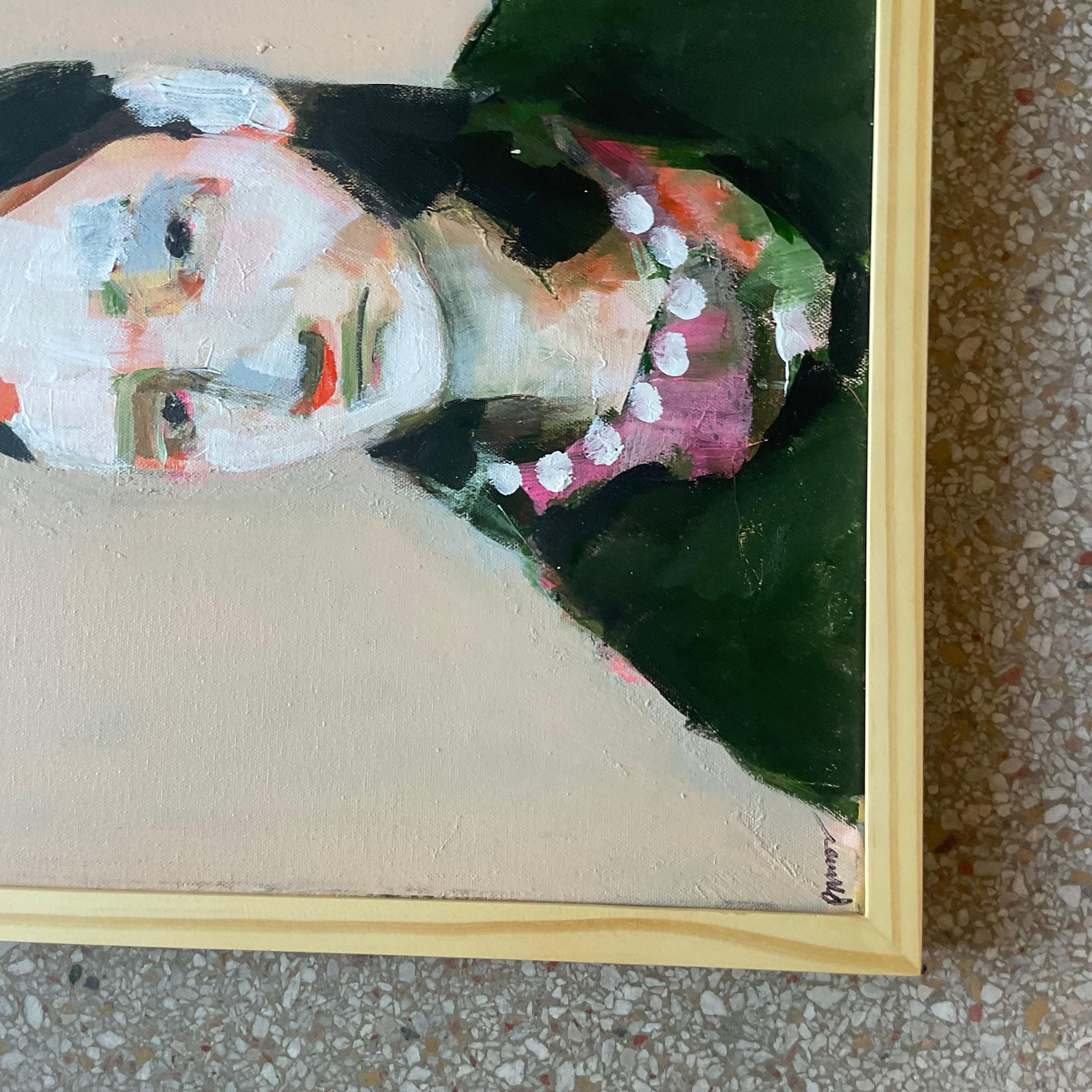 Vintage Early 21st Century Abstract Portrait Of A Girl In Pearls-Framed And Sign In Good Condition For Sale In west palm beach, FL