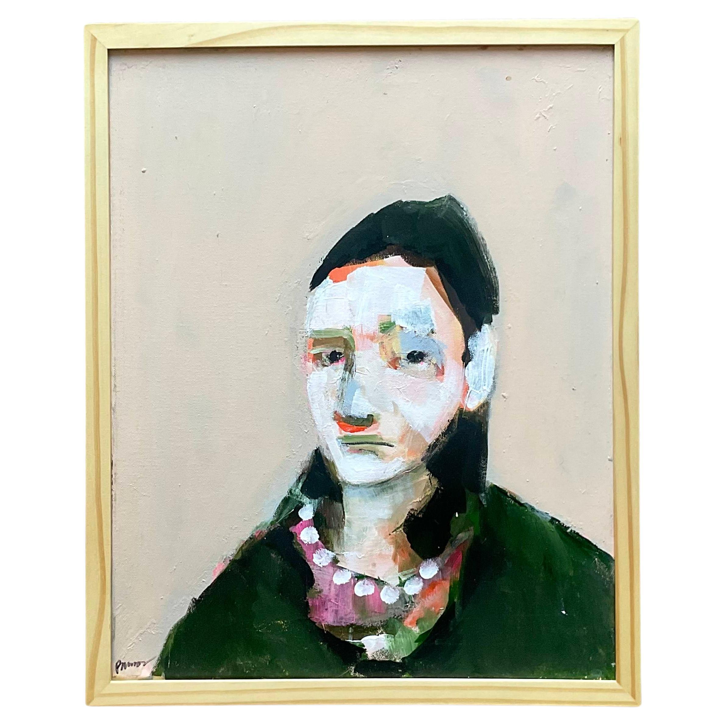 Vintage Early 21st Century Abstract Portrait Of A Girl In Pearls-Framed And Sign For Sale