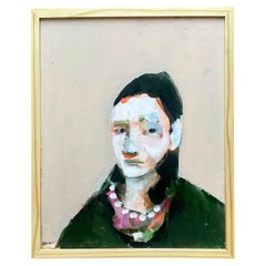 Vintage Early 21st Century Abstract Portrait Of A Girl In Pearls-Framed And Sign