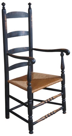 Vintage Early American Style Oak Rustic Ladderback Rush Seat Shaker Arm Chair