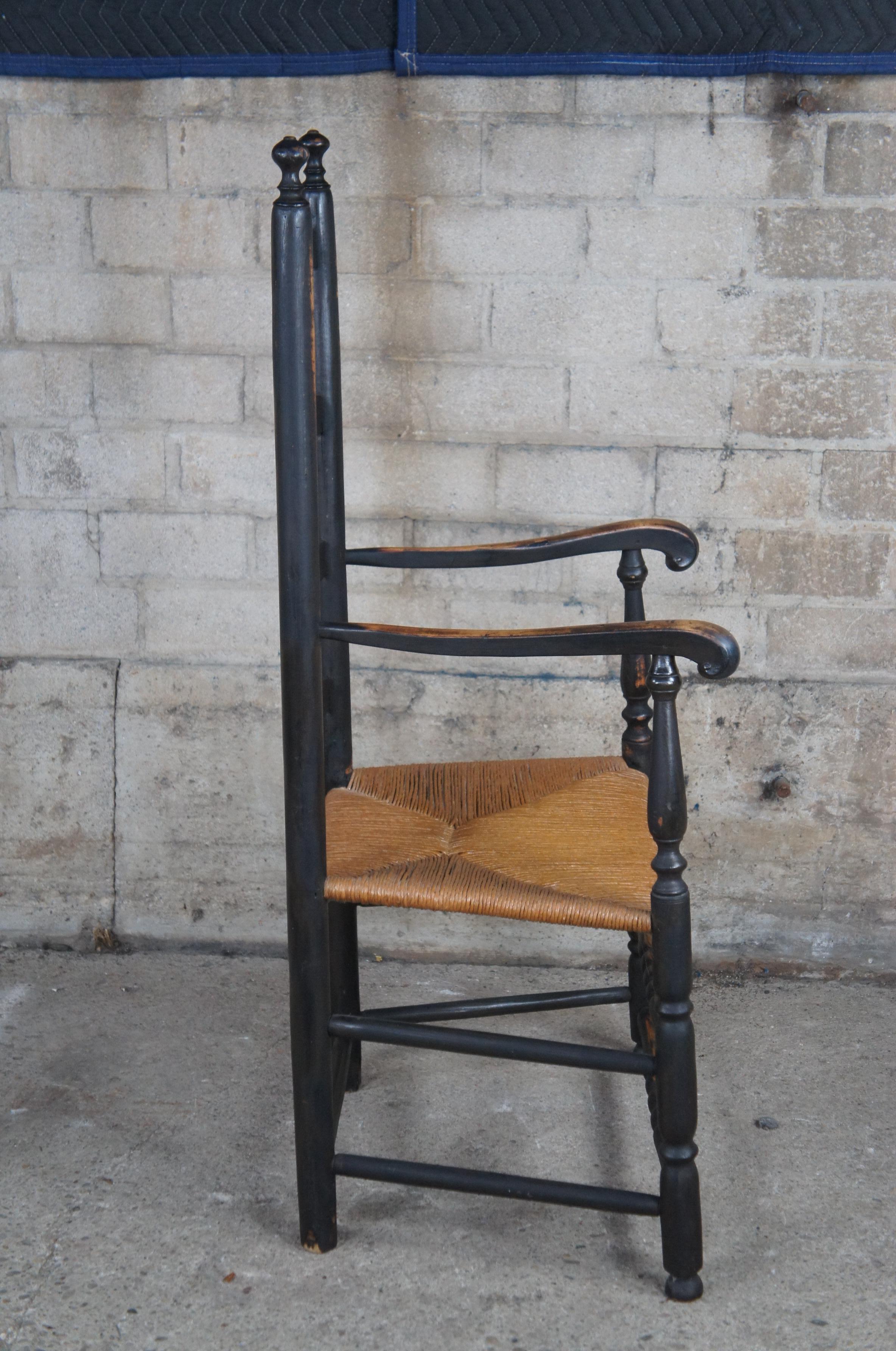 20th Century Vintage Early American Style Oak Rustic Ladderback Rush Seat Shaker Arm Chair