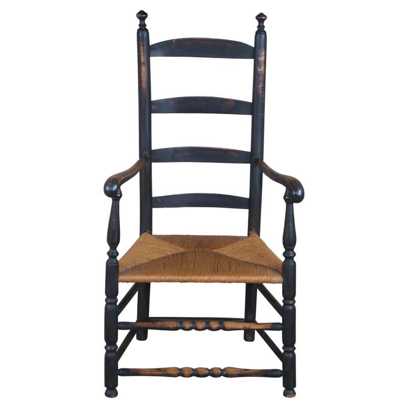 Vintage Early American Style Oak Rustic Ladderback Rush Seat Shaker Arm ...