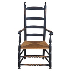 Vintage Early American Style Oak Rustic Ladderback Rush Seat Shaker Arm Chair