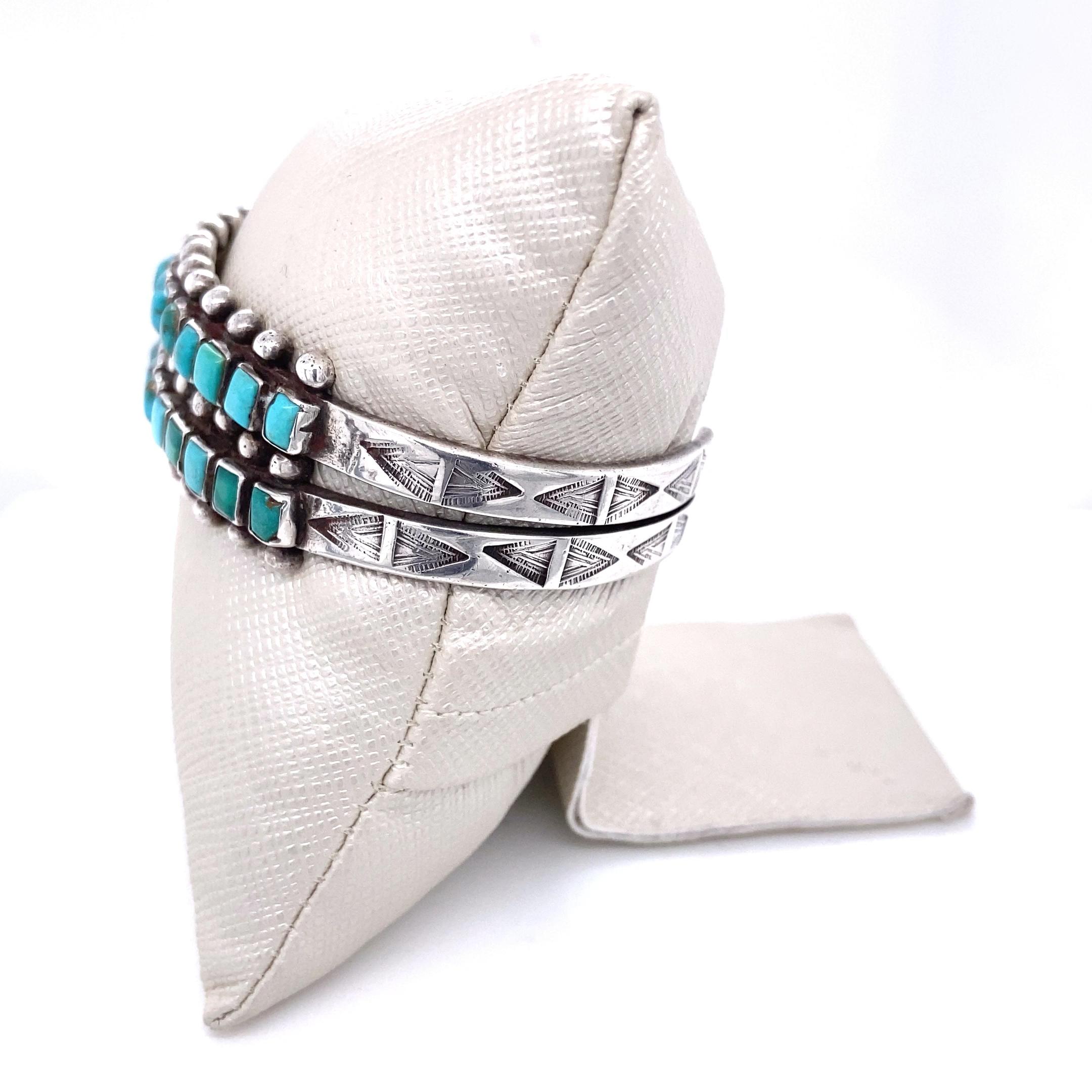 Cabochon Vintage Early 1900s Zuni Turquoise Two Row Cuff Bracelet