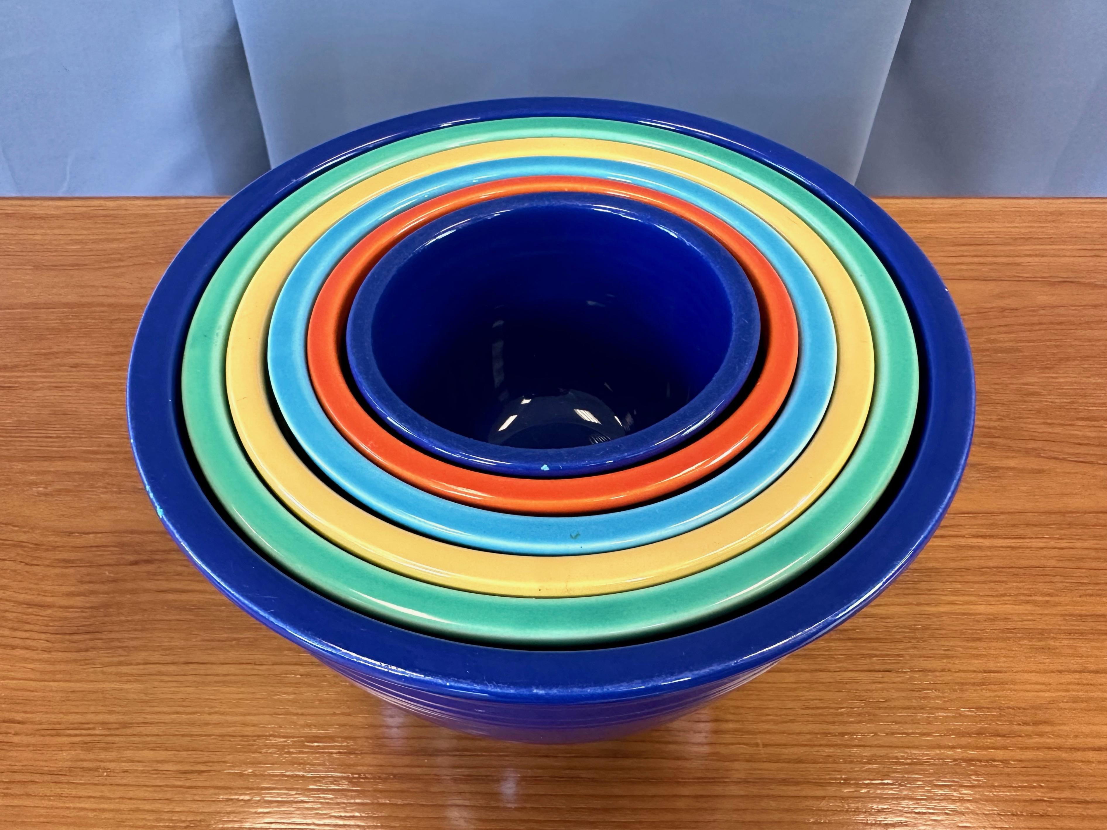 Ceramic Early Vintage Fiestaware Nesting Mixing Bowls, Multi-Color Set of Six, c. 1940 For Sale