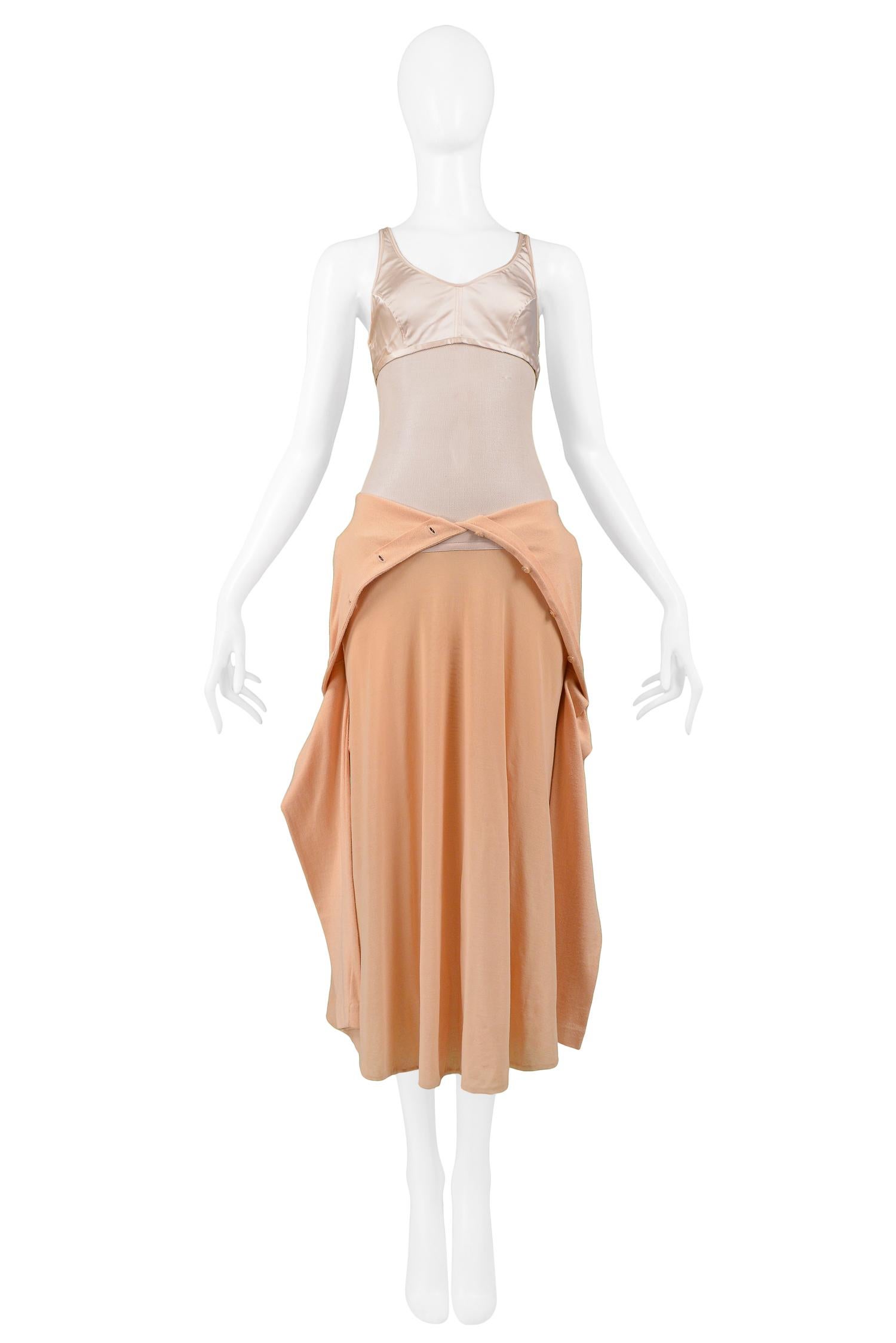 Vintage early Helmut Lang peach dress with champagne beige bra top and attached button front peach cardigan that can be worn as a cardigan or draped or tied at the waist. Collection 1990.

Excellent Vintage Condition.

Size 40