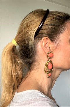 Vintage early K.J.L. dangling clip-on earring, coral cabochon and strass, 1960s