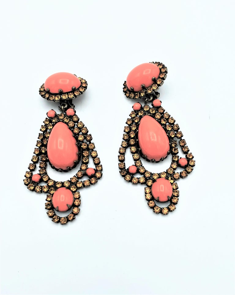Boucles D'oreilles Clips Vintage Années 80/90 - Résine, Pierre Corail, Strass - Signées DLG