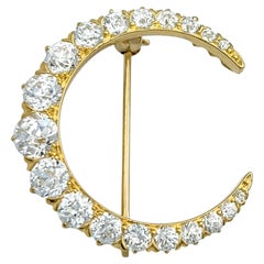 Vintage Early Modern Brilliant Cut Diamond Crescent Brooch 14 Karat Gelbgold