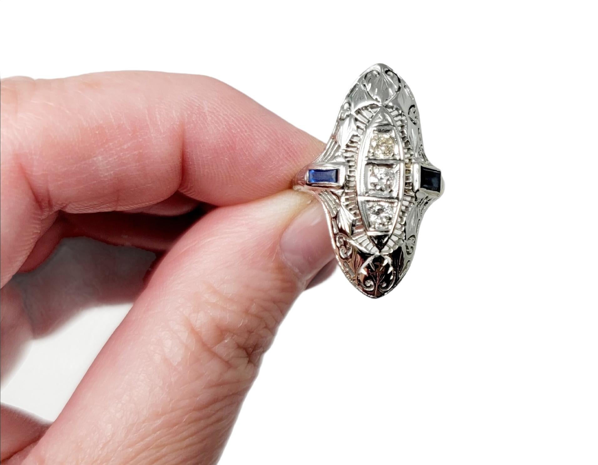 Vintage Early Modern Brilliant Diamond and Sapphire Navette Ring In Good Condition For Sale In Scottsdale, AZ