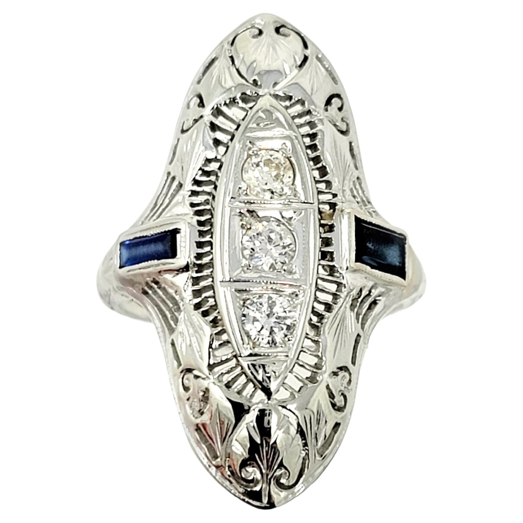 Vintage Early Modern Brilliant Diamond and Sapphire Navette Ring For Sale