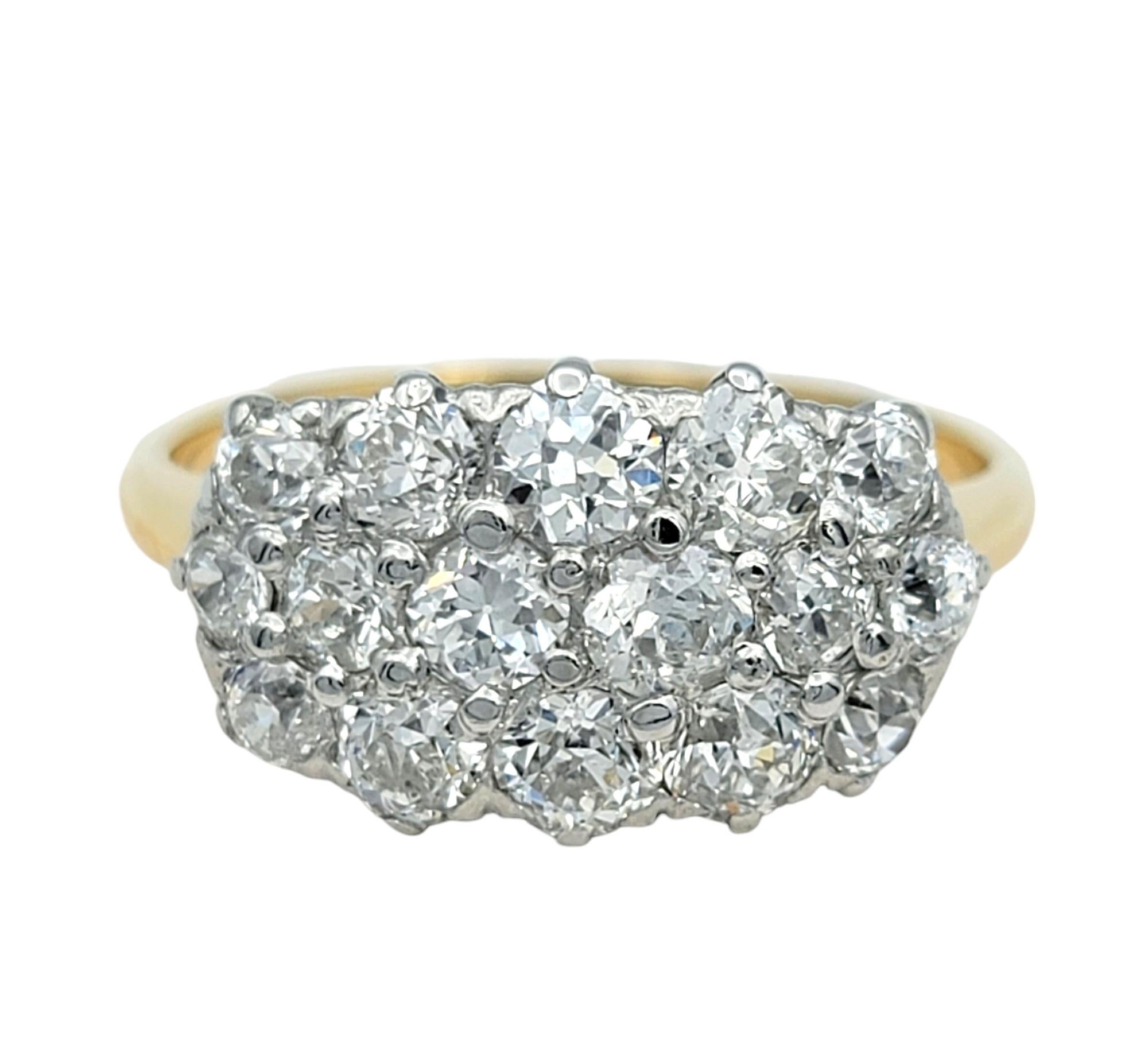 Ringgröße:  8 

Dieser Vintage-Diamantring ist ein schillerndes Meisterwerk aus Kontrast und Eleganz, das Sie in seinen Bann ziehen wird. Das Herzstück des Rings ist eine atemberaubende Reihe von frühneuzeitlichen Brillanten, die sorgfältig in 18