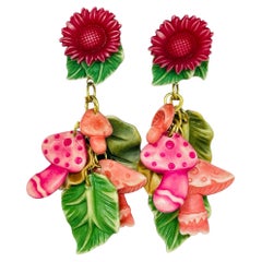 Vintage early plastic dangle charms flowers leafs mushroom clip on earrings