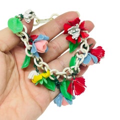 Vintage early plastic white chain colorful flowers 1950's charm bracelet