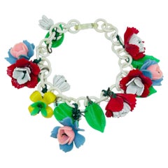 Vintage early plastic white chain colorful flowers 1950's charm bracelet