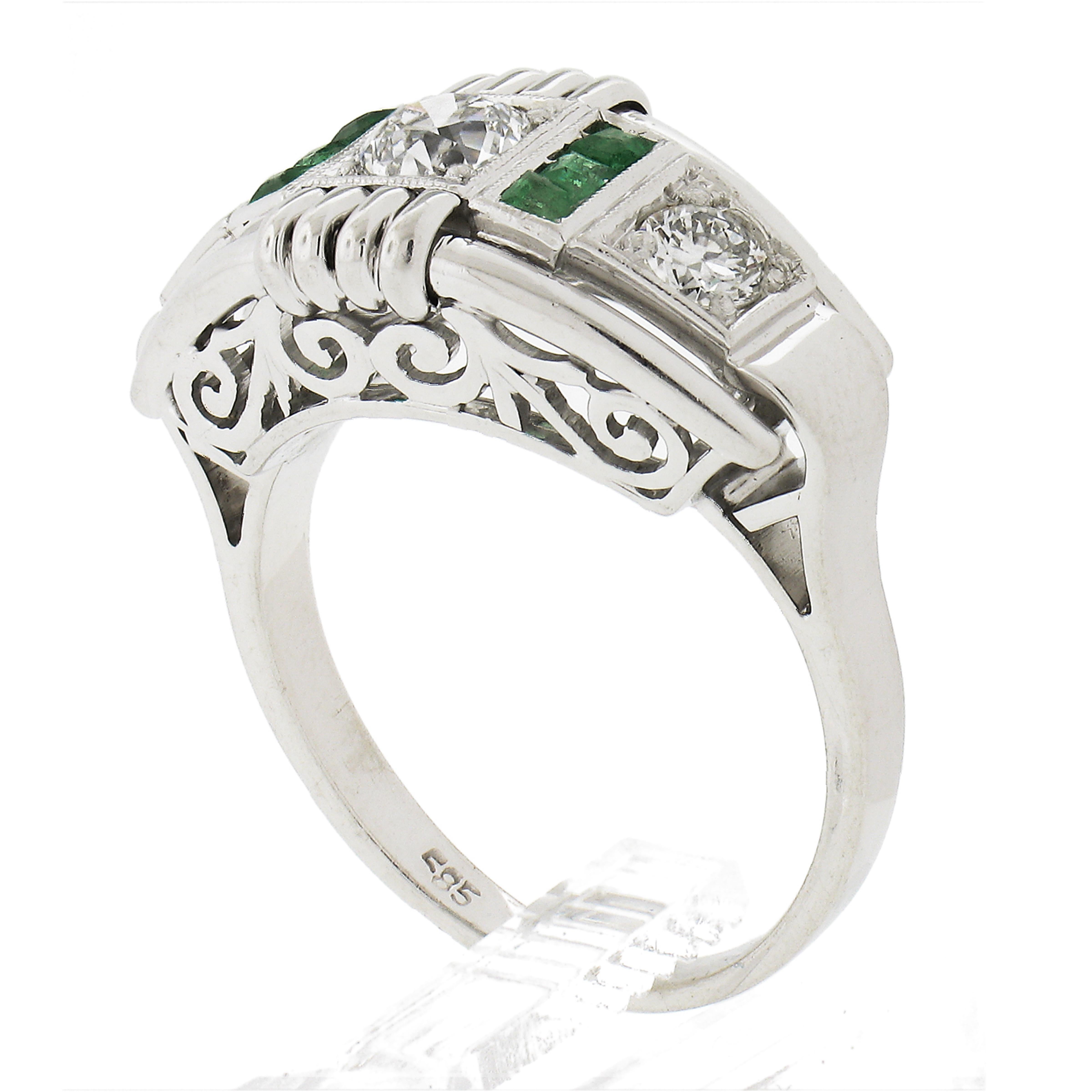 Vintage Early Retro 18k White Gold .92ct Emerald & Diamond Grooved Ring Band For Sale 5