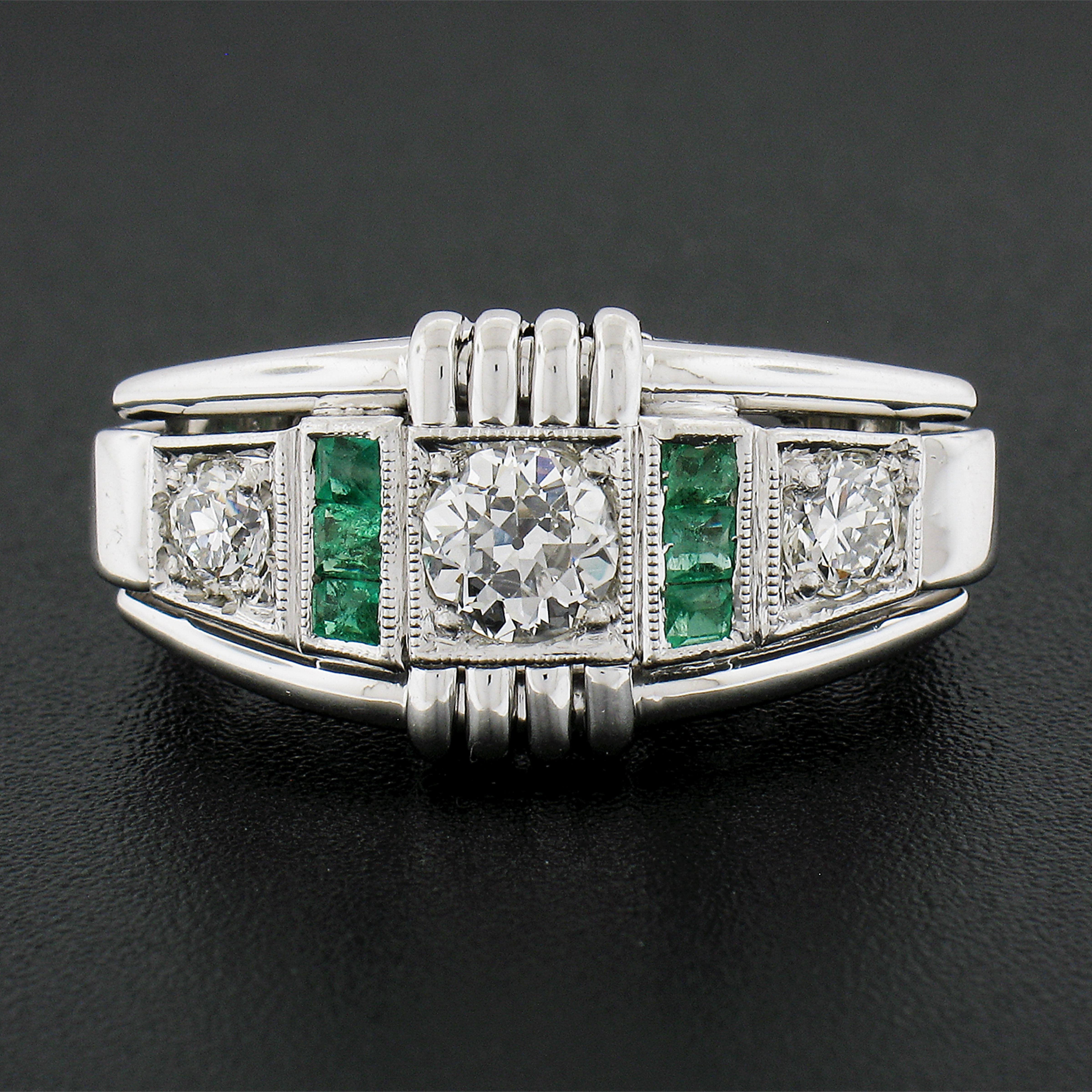 Square Cut Vintage Early Retro 18k White Gold .92ct Emerald & Diamond Grooved Ring Band For Sale