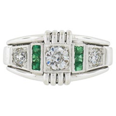 Retro Early Retro 18k White Gold .92ct Emerald & Diamond Grooved Ring Band